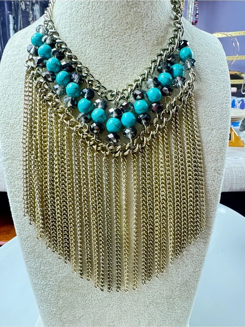 Boho Statement Turquoise Bead Fringe Necklace -